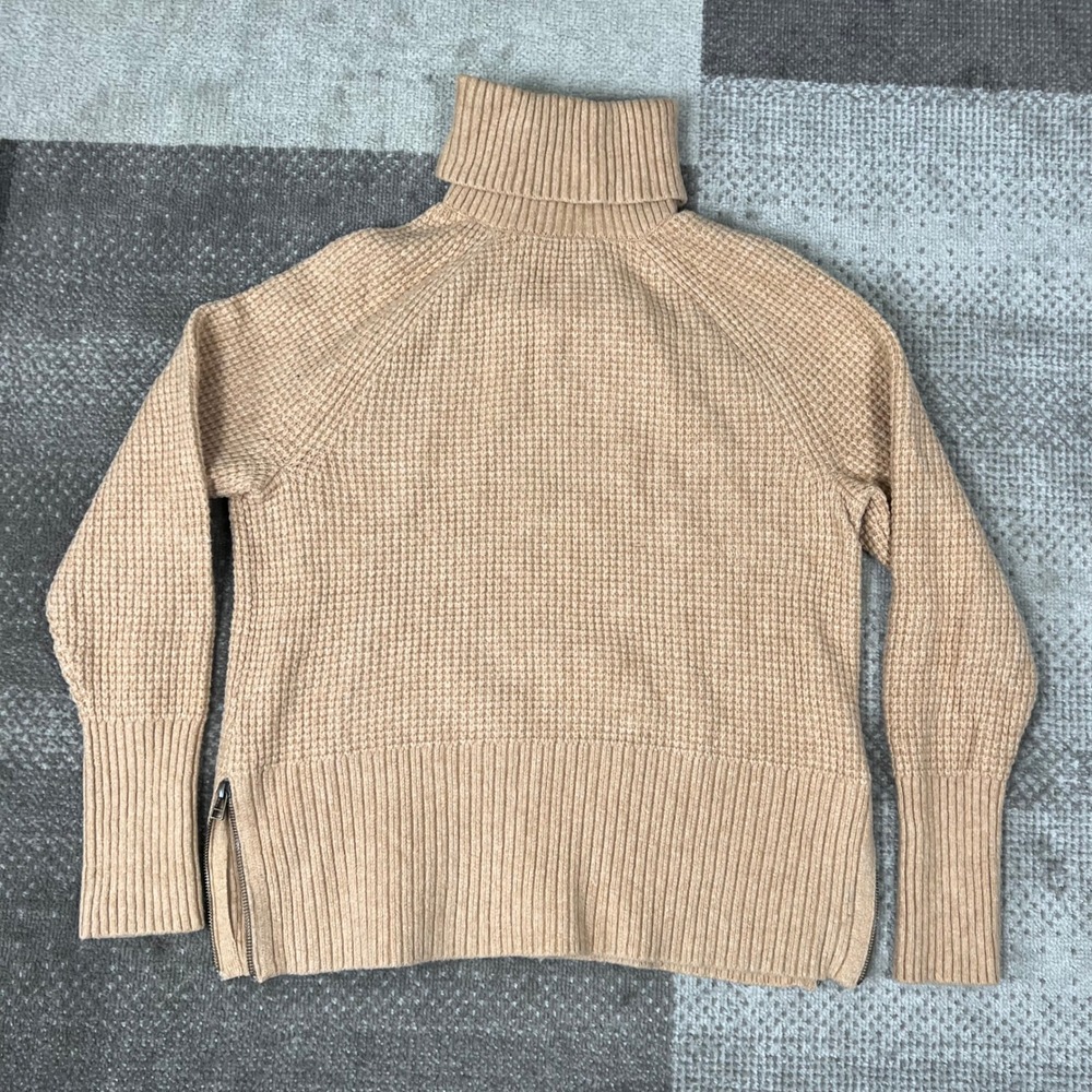 LL Bean Womens XL Super Soft Waffle Knit Turtleneck Sweater Tan Side Zip‎ 520977
